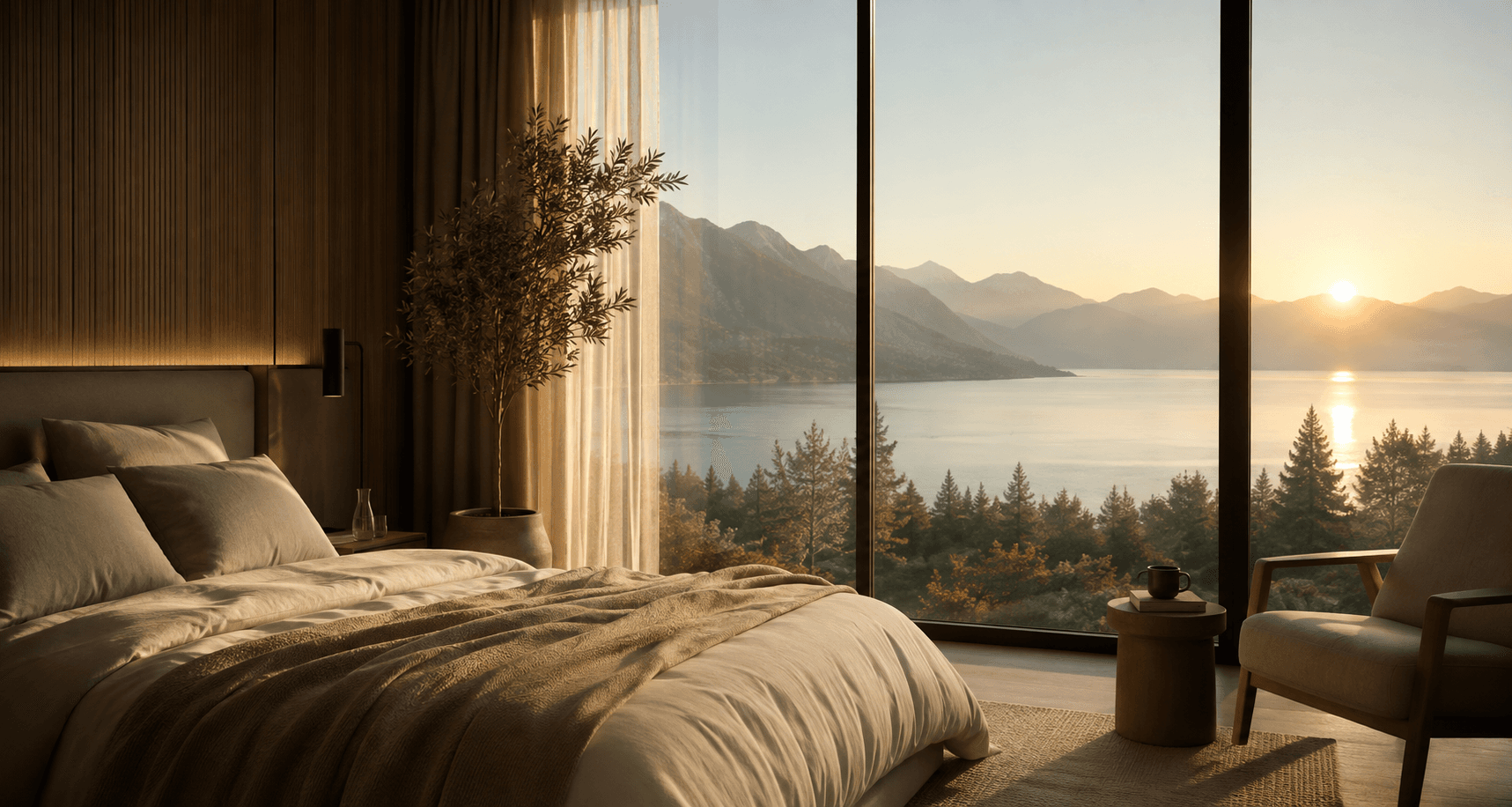 Ruhiges Schlafzimmer im warmen Morgenlicht